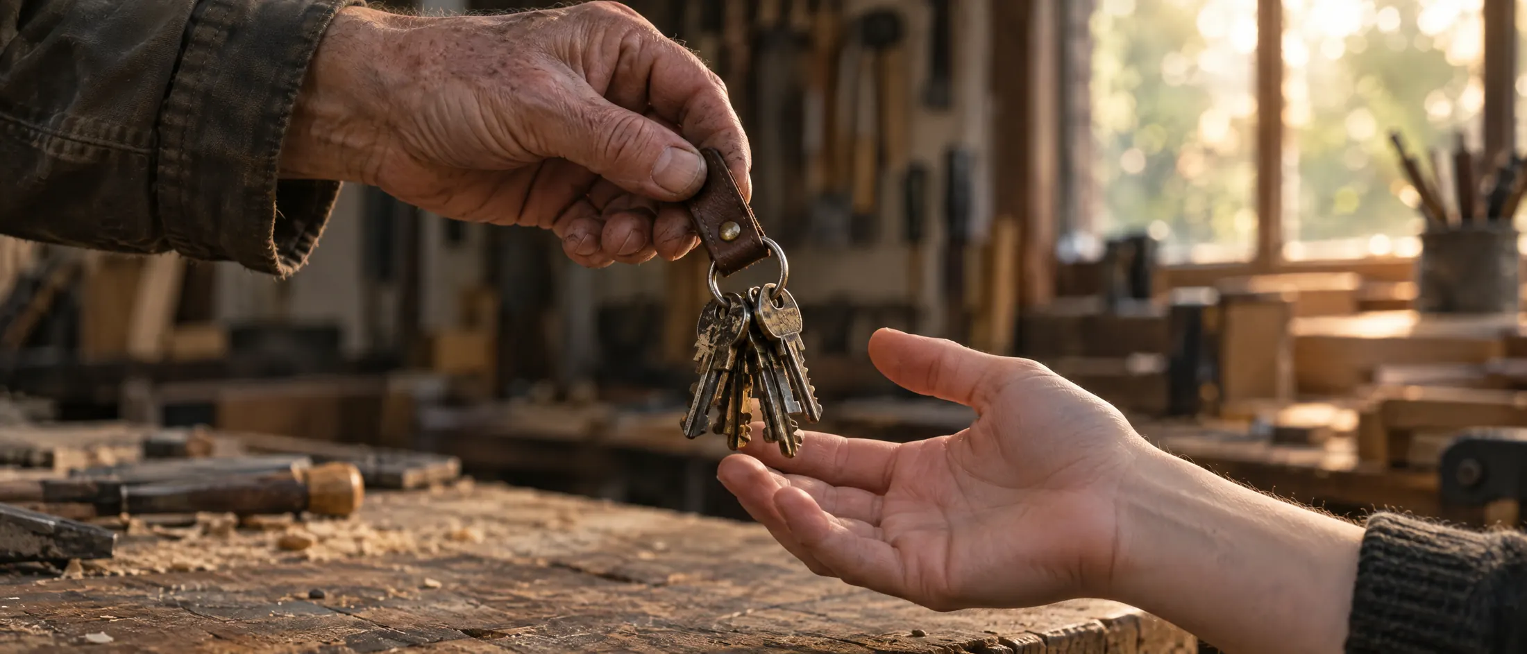 Eine ältere Hand übergibt einen Schlüsselbund an eine jüngere Hand